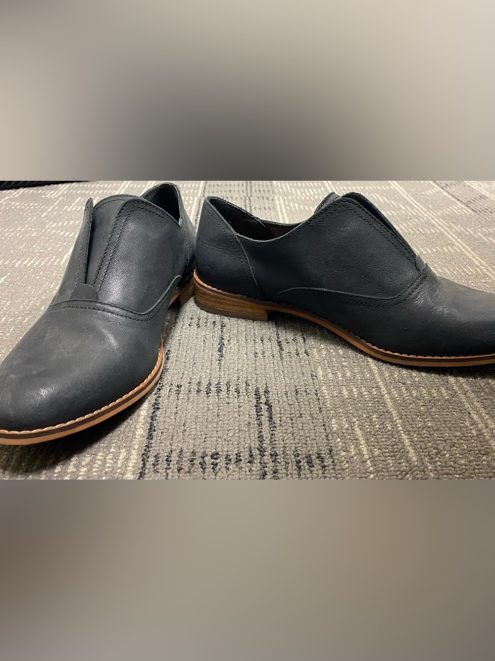 Lucky Brand Black Leather Slip-On Loafers with Tan Stacked Sole